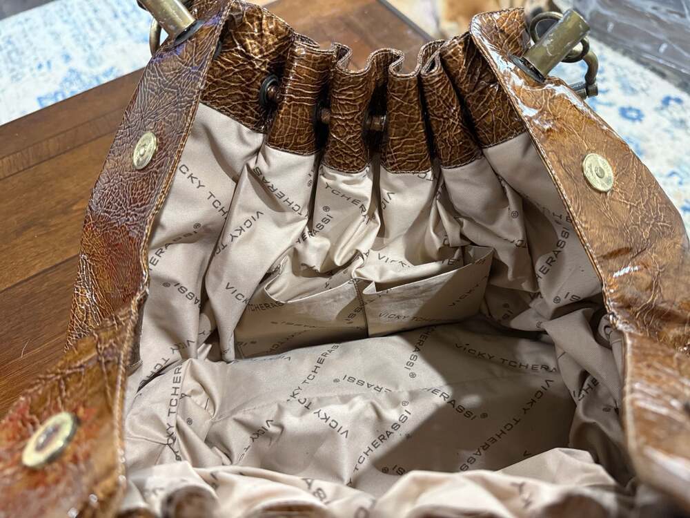Y2K Vicky Tcherassi Brown Crinkle Patent Leather Drawstring Bucket Shoulder Bag - Picture 7 of 7